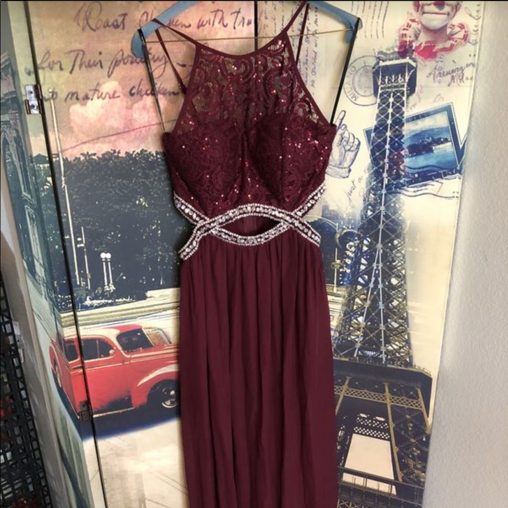 JC penny Maroon embroidered evening gown.